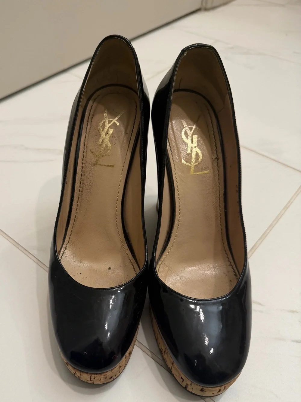 YSL - Black Patent Cork Wedge Pumps - 39